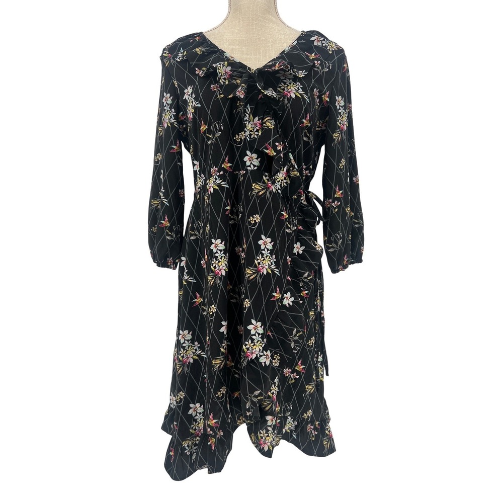 Millenium Women Black Floral Wrap Dress 3/4 Sleeve Stretch Ruffle Medium